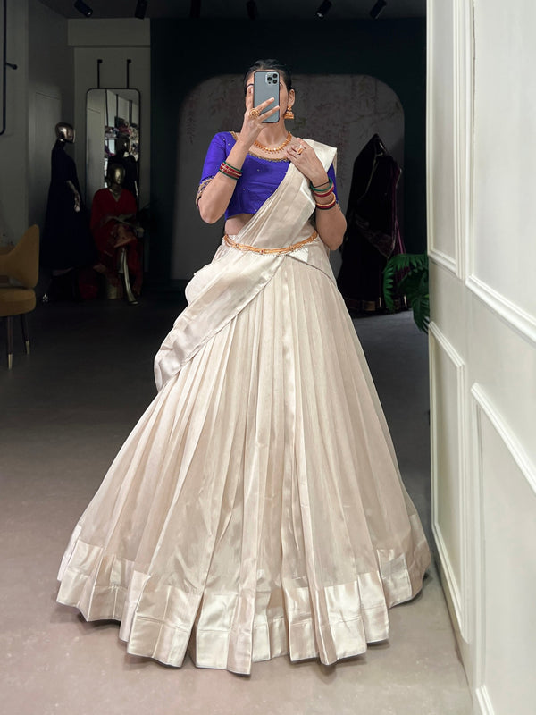 White Graceful Poly Tasar Lehenga Set with Bead Work Blouse & Viscose Border Dupatta ClothsVilla