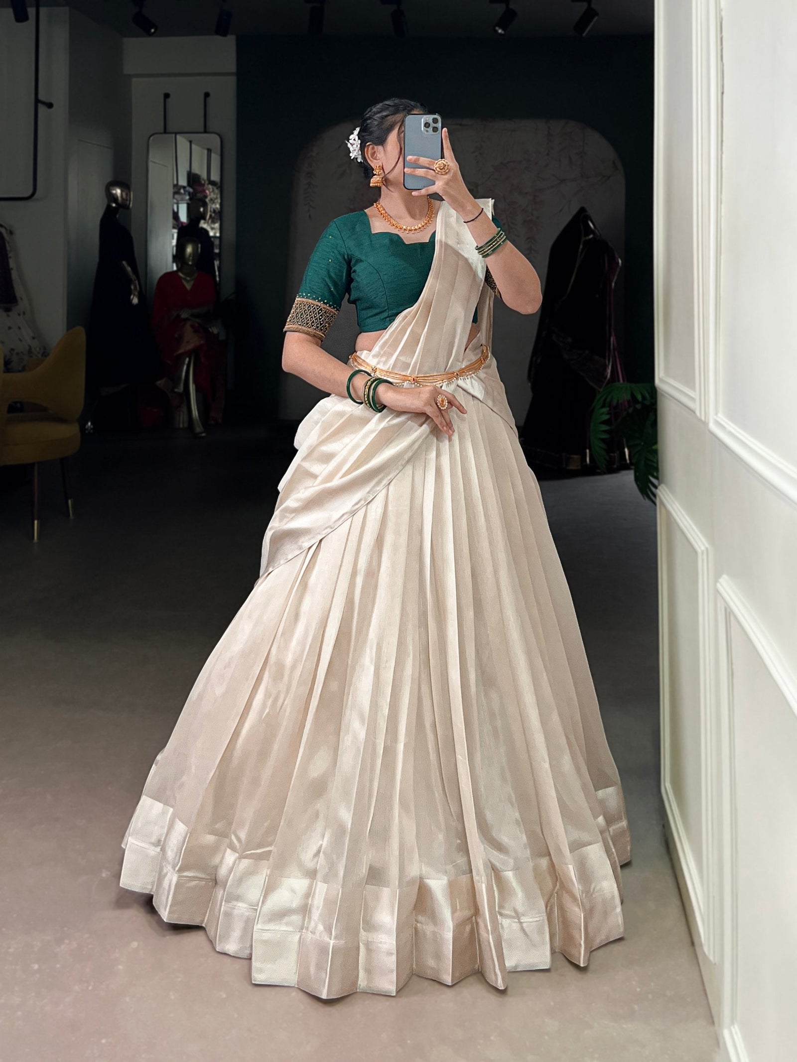 White Graceful Poly Tasar Lehenga Set with Bead Work Blouse & Viscose Border Dupatta ClothsVilla