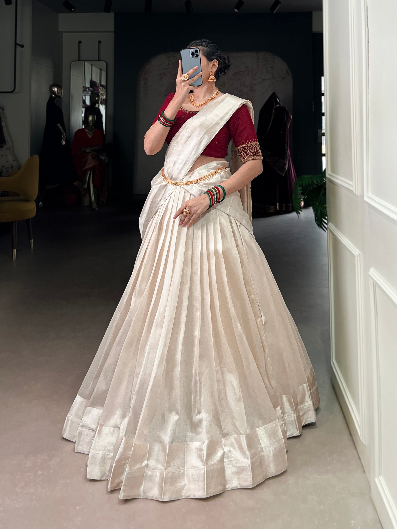 White Graceful Poly Tasar Lehenga Set with Bead Work Blouse & Viscose Border Dupatta ClothsVilla