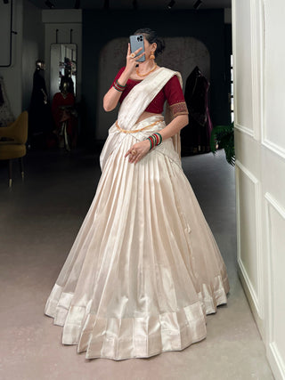 White Graceful Poly Tasar Lehenga Set with Bead Work Blouse & Viscose Border Dupatta ClothsVilla