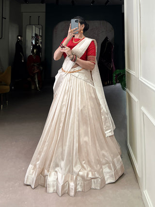 White Graceful Poly Tasar Lehenga Set with Bead Work Blouse & Viscose Border Dupatta ClothsVilla