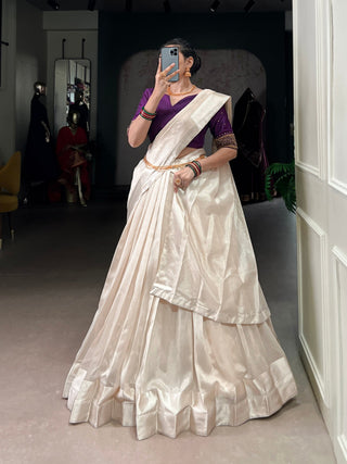 White Graceful Poly Tasar Lehenga Set with Bead Work Blouse & Viscose Border Dupatta ClothsVilla