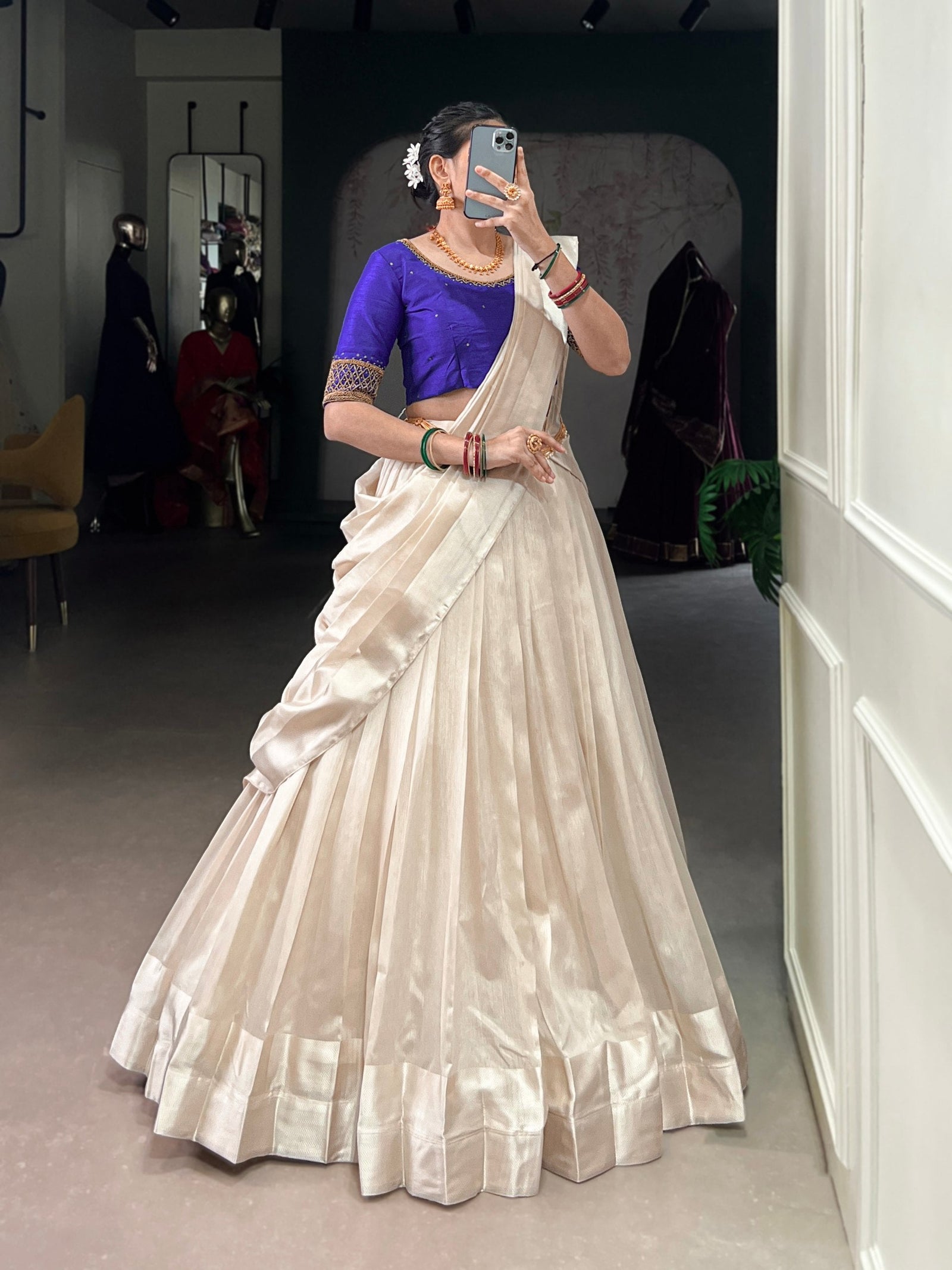 White Graceful Poly Tasar Lehenga Set with Bead Work Blouse & Viscose Border Dupatta ClothsVilla