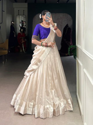 White Graceful Poly Tasar Lehenga Set with Bead Work Blouse & Viscose Border Dupatta ClothsVilla