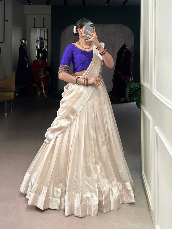 White Graceful Poly Tasar Lehenga Set with Bead Work Blouse & Viscose Border Dupatta ClothsVilla