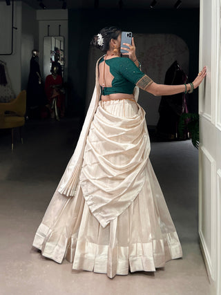 White Graceful Poly Tasar Lehenga Set with Bead Work Blouse & Viscose Border Dupatta ClothsVilla