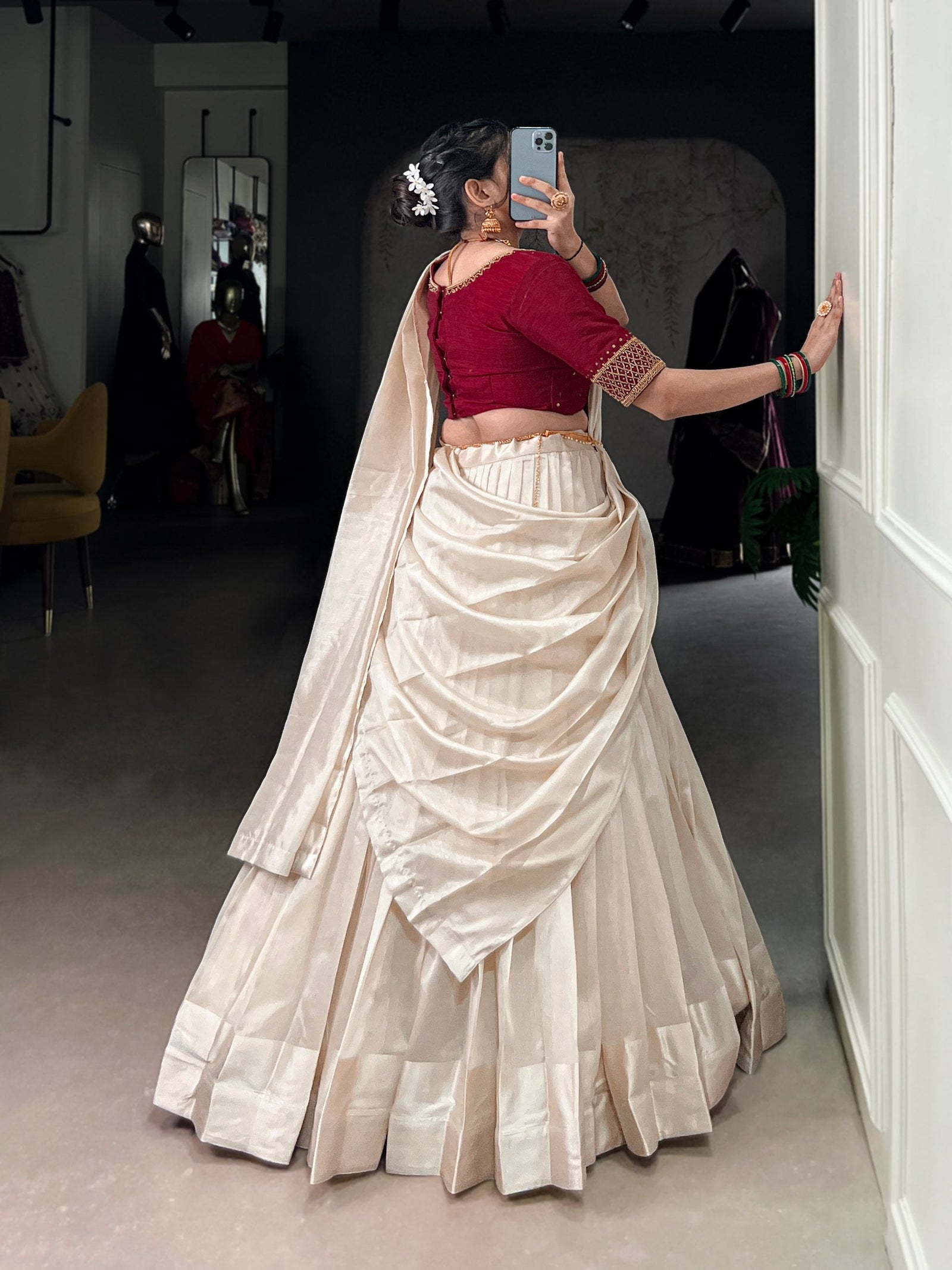 White Graceful Poly Tasar Lehenga Set with Bead Work Blouse & Viscose Border Dupatta ClothsVilla