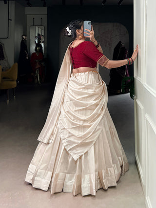 White Graceful Poly Tasar Lehenga Set with Bead Work Blouse & Viscose Border Dupatta ClothsVilla