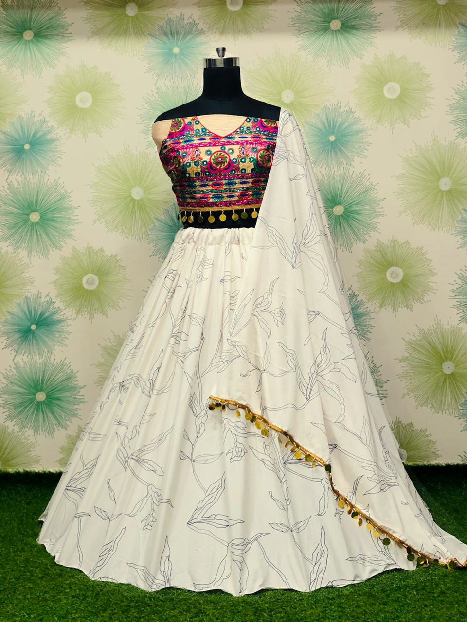 White Graceful Soft Silk Printed Lehenga Set – Mirror & Stone Embroidery ClothsVilla Main image