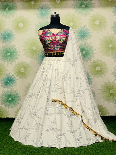 White Graceful Soft Silk Printed Lehenga Set – Mirror & Stone Embroidery ClothsVilla