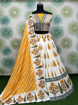 White Graceful Soft Silk Printed Lehenga Set with Pearl Detailing & Dupatta ClothsVilla