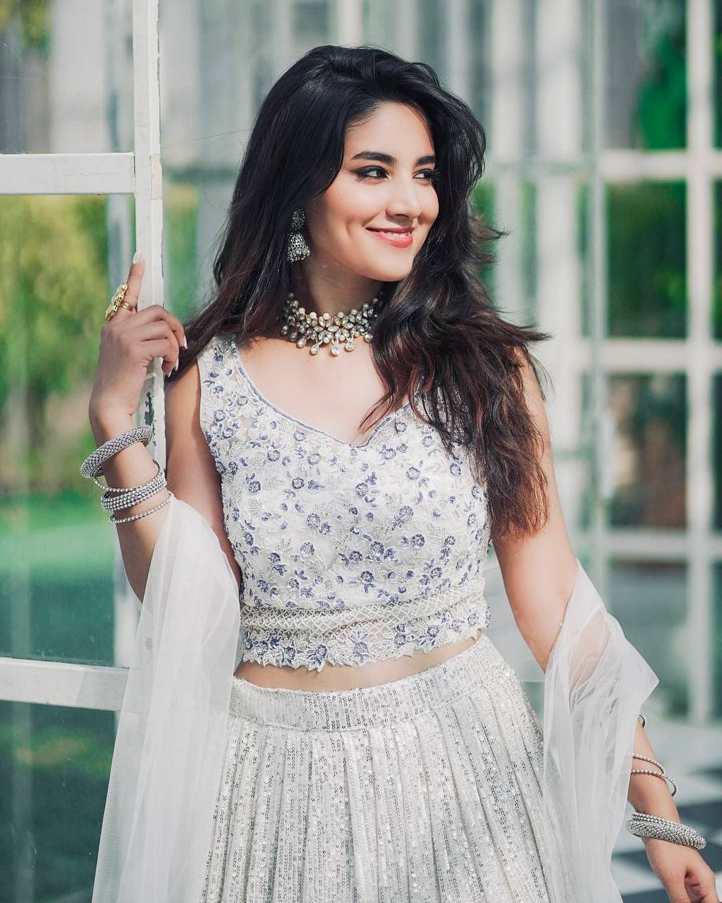 White & Gray Elegant Shaded Georgette Silk Lehenga Set with Sequins & Dori Work ClothsVilla