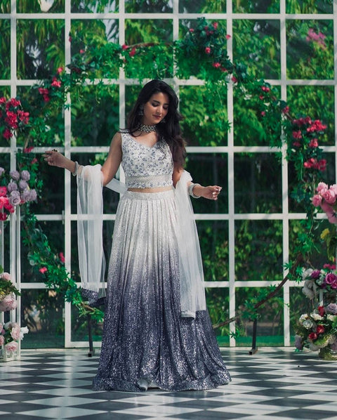 White & Gray Elegant Shaded Georgette Silk Lehenga Set with Sequins & Dori Work ClothsVilla Main image