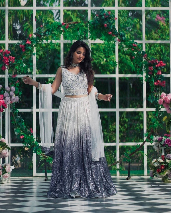 White & Gray Elegant Shaded Georgette Silk Lehenga Set with Sequins & Dori Work ClothsVilla