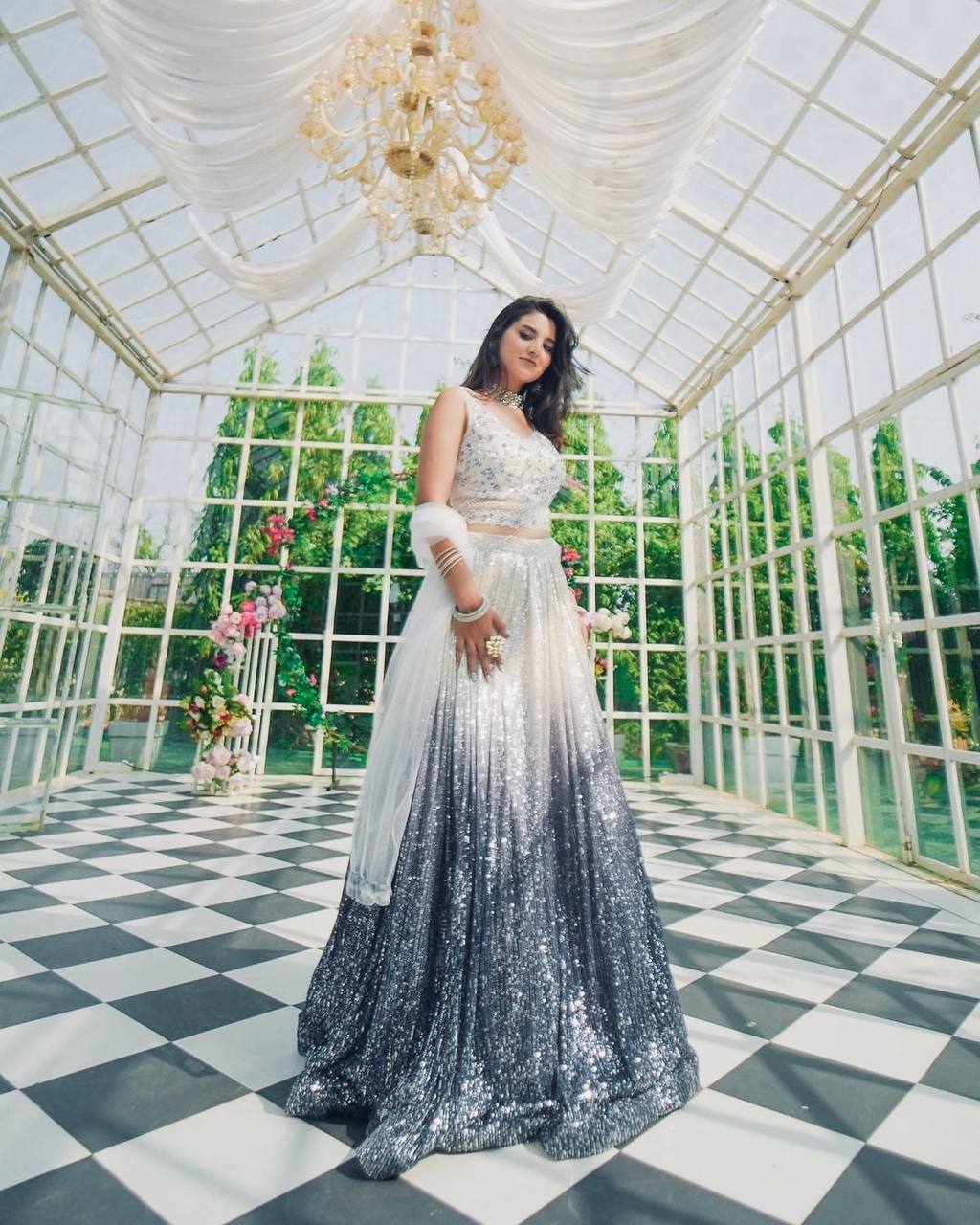 White & Gray Elegant Shaded Georgette Silk Lehenga Set with Sequins & Dori Work ClothsVilla