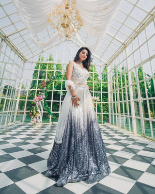 White & Gray Elegant Shaded Georgette Silk Lehenga Set with Sequins & Dori Work ClothsVilla