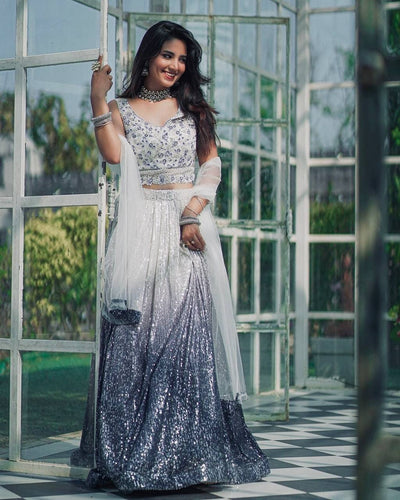 White & Gray Elegant Shaded Georgette Silk Lehenga Set with Sequins & Dori Work ClothsVilla