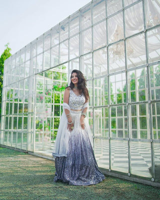 White & Gray Elegant Shaded Georgette Silk Lehenga Set with Sequins & Dori Work ClothsVilla
