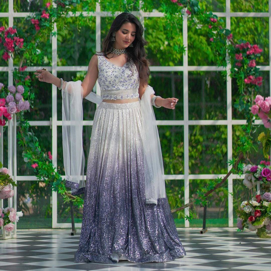 White & Gray Elegant Shaded Georgette Silk Lehenga Set with Sequins & Dori Work ClothsVilla