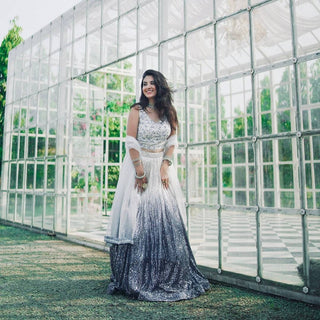 White & Gray Elegant Shaded Georgette Silk Lehenga Set with Sequins & Dori Work ClothsVilla
