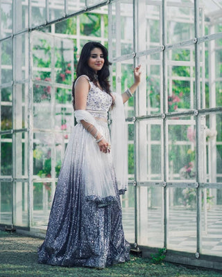 White & Gray Elegant Shaded Georgette Silk Lehenga Set with Sequins & Dori Work ClothsVilla