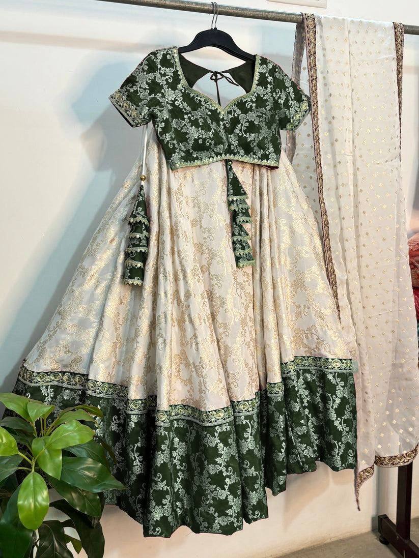 White & Green Glamorous Jequrd Semi-Stitched Lehenga Set with Sequins & Coding Work ClothsVilla