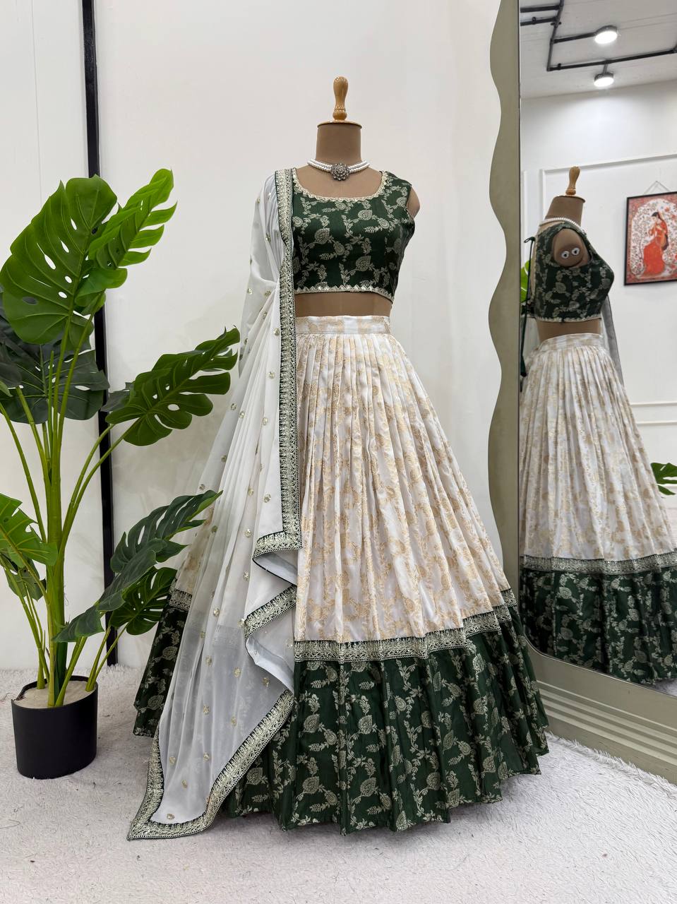 White & Green Glamorous Jequrd Semi-Stitched Lehenga Set with Sequins & Coding Work ClothsVilla Main image