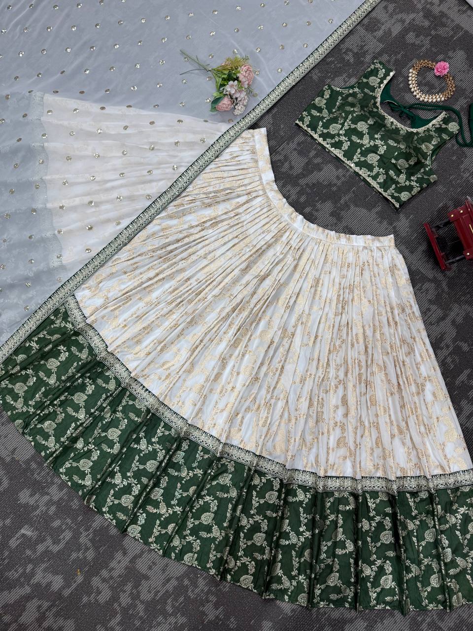 White & Green Glamorous Jequrd Semi-Stitched Lehenga Set with Sequins & Coding Work ClothsVilla