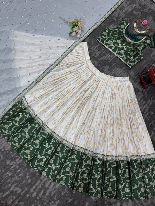 White & Green Glamorous Jequrd Semi-Stitched Lehenga Set with Sequins & Coding Work ClothsVilla