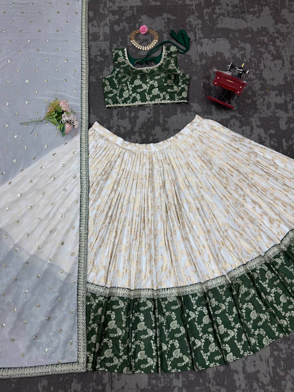 White & Green Glamorous Jequrd Semi-Stitched Lehenga Set with Sequins & Coding Work ClothsVilla