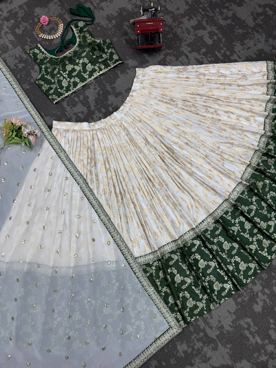 White & Green Glamorous Jequrd Semi-Stitched Lehenga Set with Sequins & Coding Work ClothsVilla