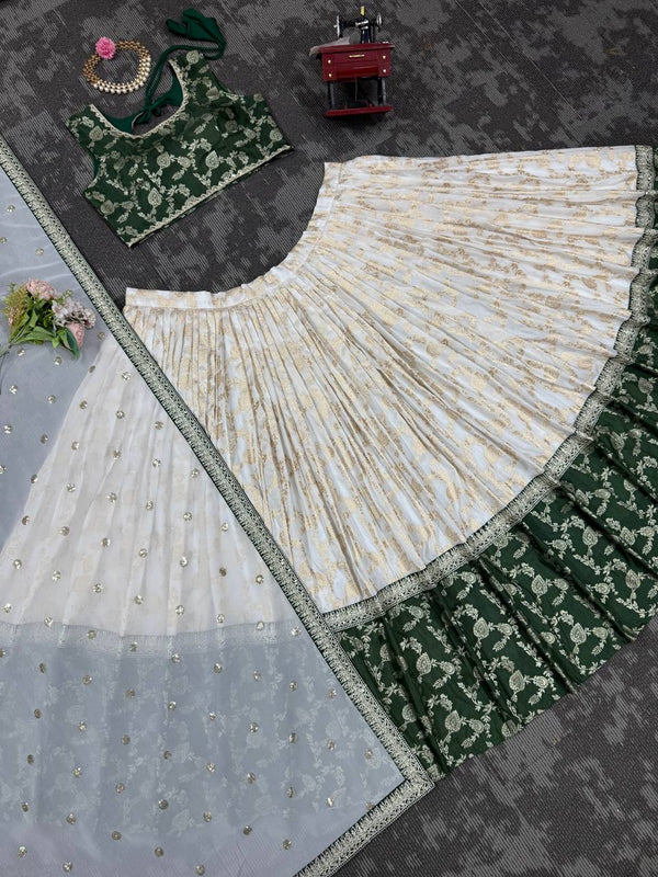 White & Green Glamorous Jequrd Semi-Stitched Lehenga Set with Sequins & Coding Work ClothsVilla