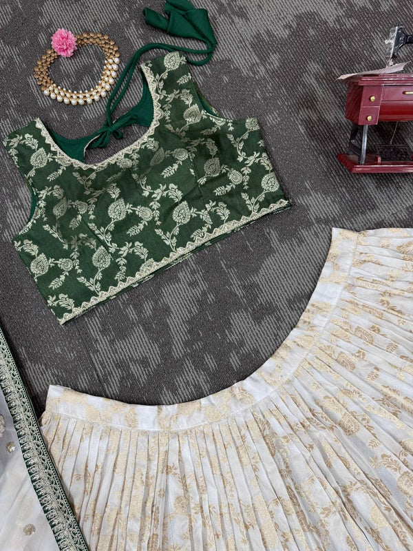 White & Green Glamorous Jequrd Semi-Stitched Lehenga Set with Sequins & Coding Work ClothsVilla
