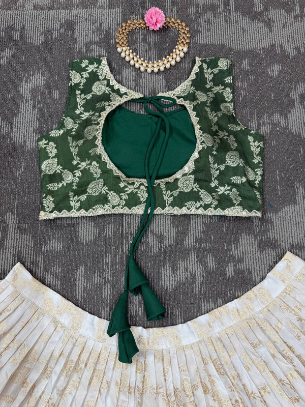 White & Green Glamorous Jequrd Semi-Stitched Lehenga Set with Sequins & Coding Work ClothsVilla