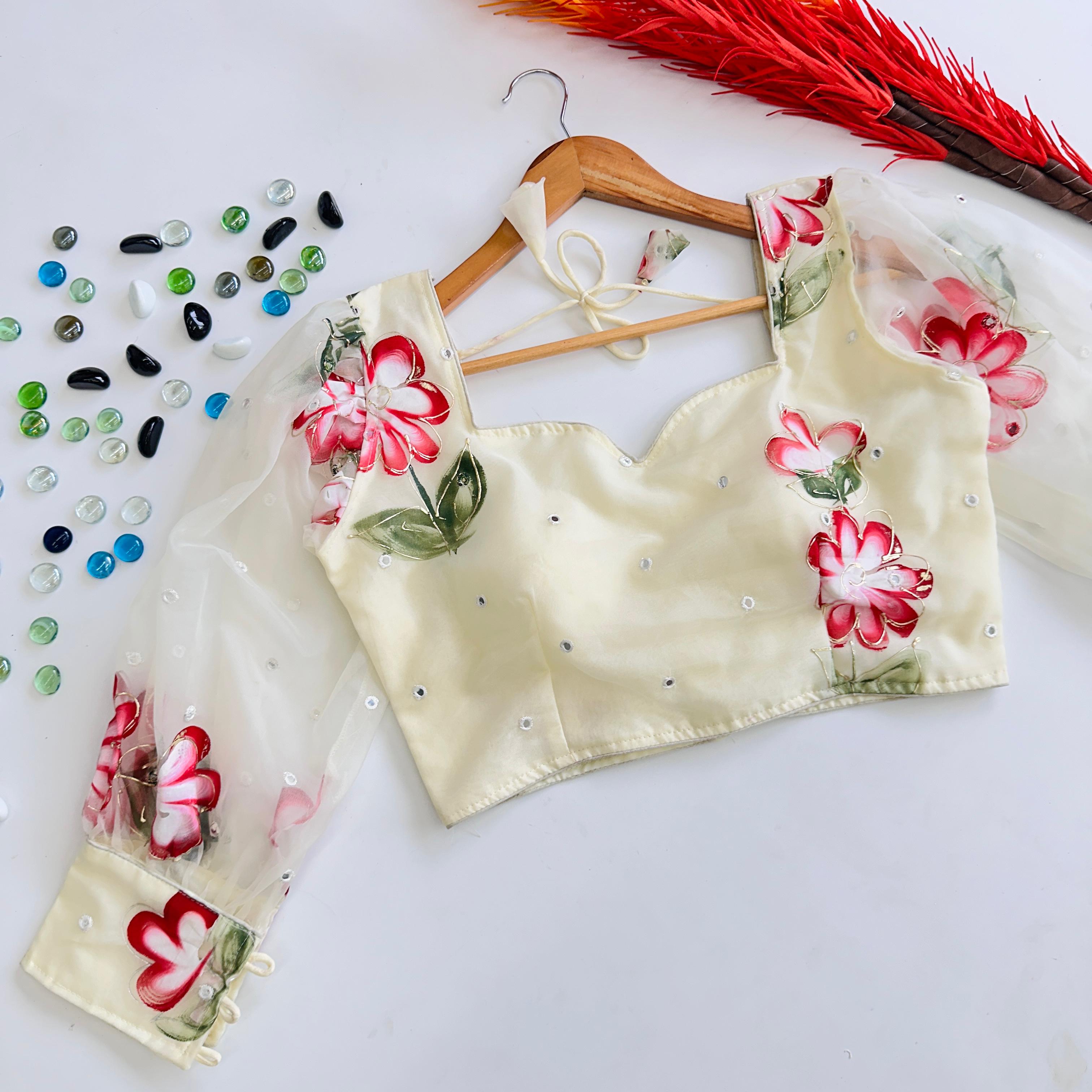 White Hand-Painted Organza Silk Blouse with Embroidery Accents ClothsVilla Main image