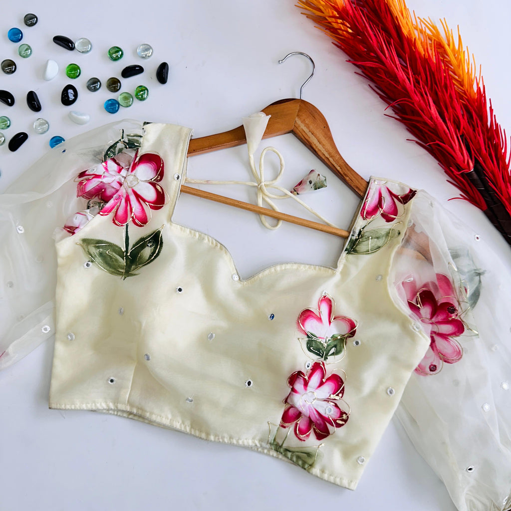 White Hand-Painted Organza Silk Blouse with Embroidery Accents ClothsVilla