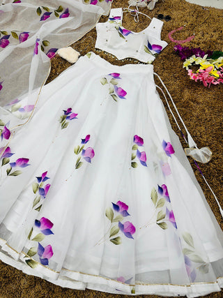 White Hand-Painted Organza Silk Lehenga Set ClothsVilla