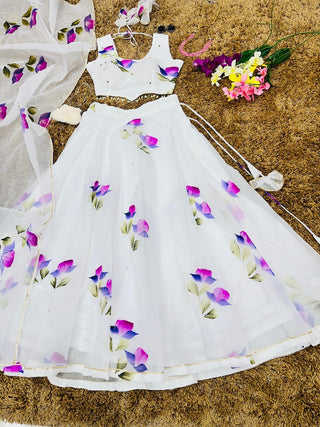 White Hand-Painted Organza Silk Lehenga Set ClothsVilla
