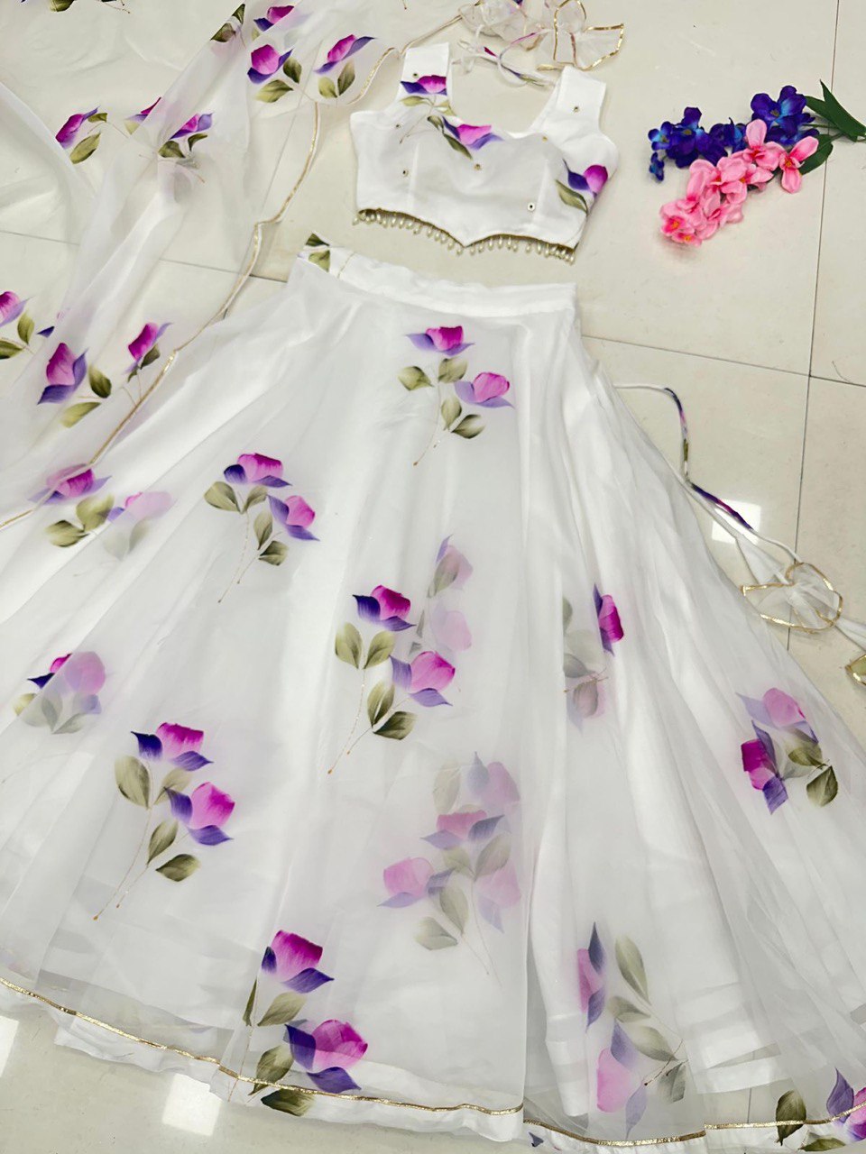 White Hand-Painted Organza Silk Lehenga Set ClothsVilla