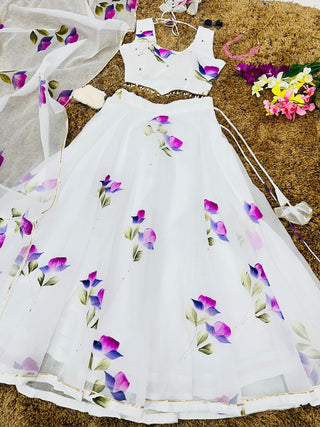White Hand-Painted Organza Silk Lehenga Set ClothsVilla