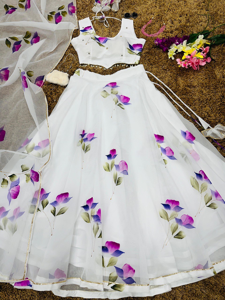 White Hand-Painted Organza Silk Lehenga Set ClothsVilla