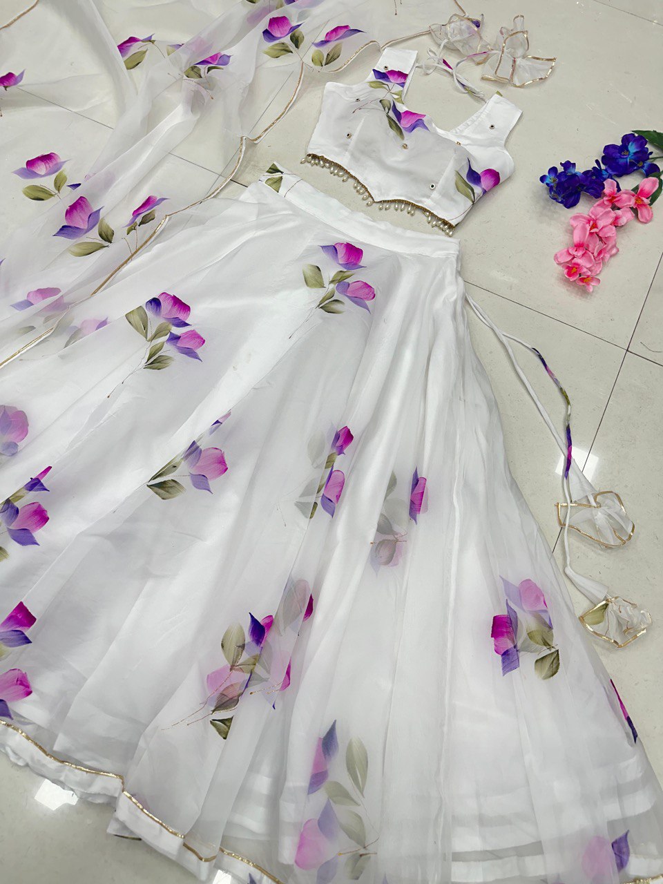 White Hand-Painted Organza Silk Lehenga Set ClothsVilla