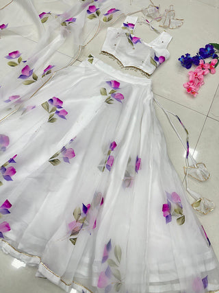 White Hand-Painted Organza Silk Lehenga Set ClothsVilla