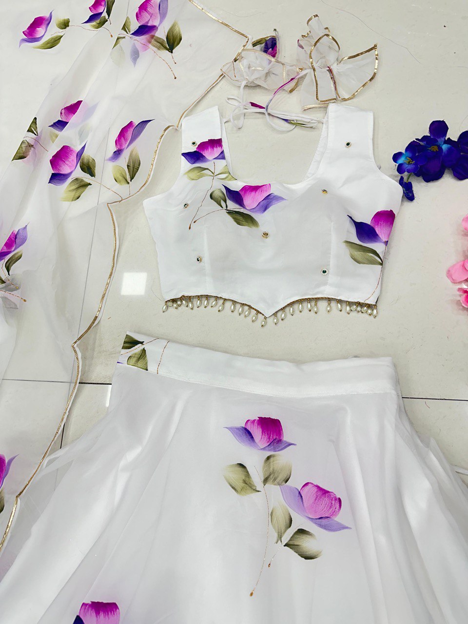 White Hand-Painted Organza Silk Lehenga Set ClothsVilla