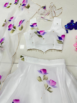 White Hand-Painted Organza Silk Lehenga Set ClothsVilla