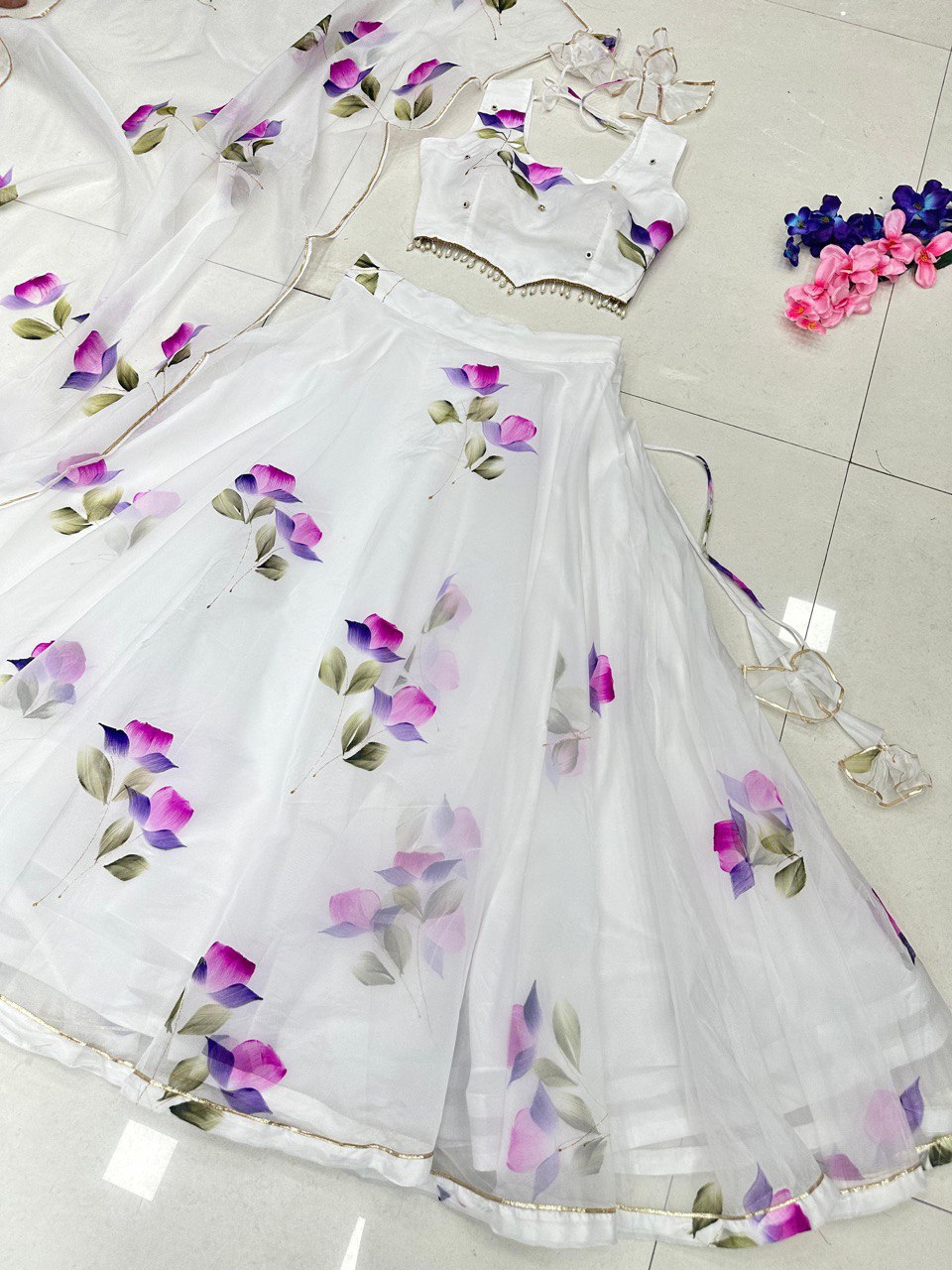 White Hand-Painted Organza Silk Lehenga Set ClothsVilla