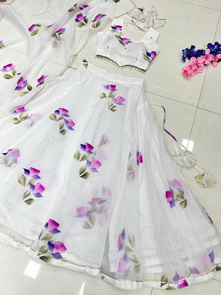 White Hand-Painted Organza Silk Lehenga Set ClothsVilla