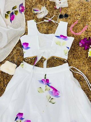 White Hand-Painted Organza Silk Lehenga Set ClothsVilla