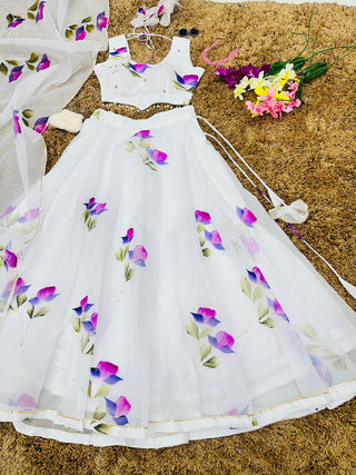 White Hand-Painted Organza Silk Lehenga Set ClothsVilla