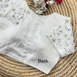 White Handcrafted Jilmil Silk Blouse with Intricate Embroidery ClothsVilla